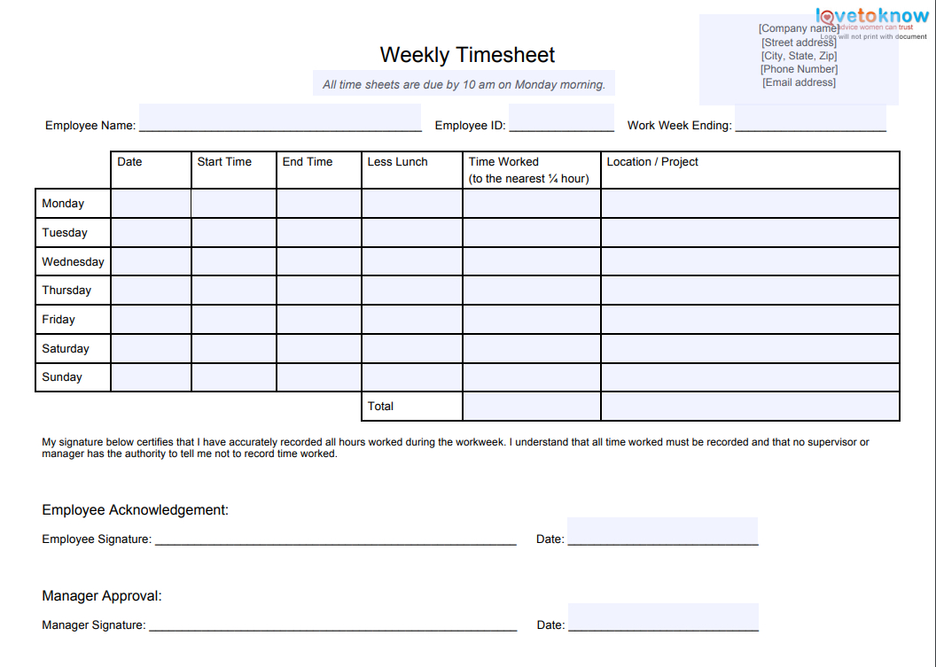 10 Best Timesheet Templates To Track Work Hours Within Weekly Time Card Template Free