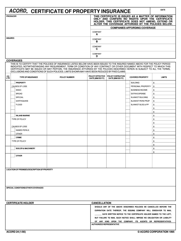 1995 Form Acord 24 Fill Online, Printable, Fillable, Blank Throughout Acord Insurance Certificate Template
