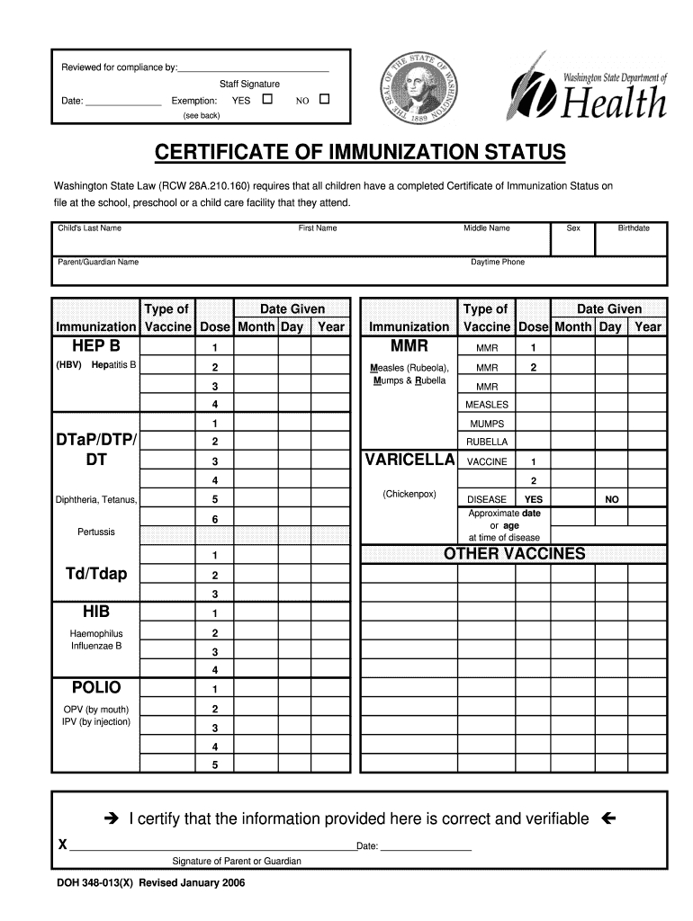 2006 Form Wa Doh 348 013 Fill Online, Printable, Fillable For Certificate Of Vaccination Template