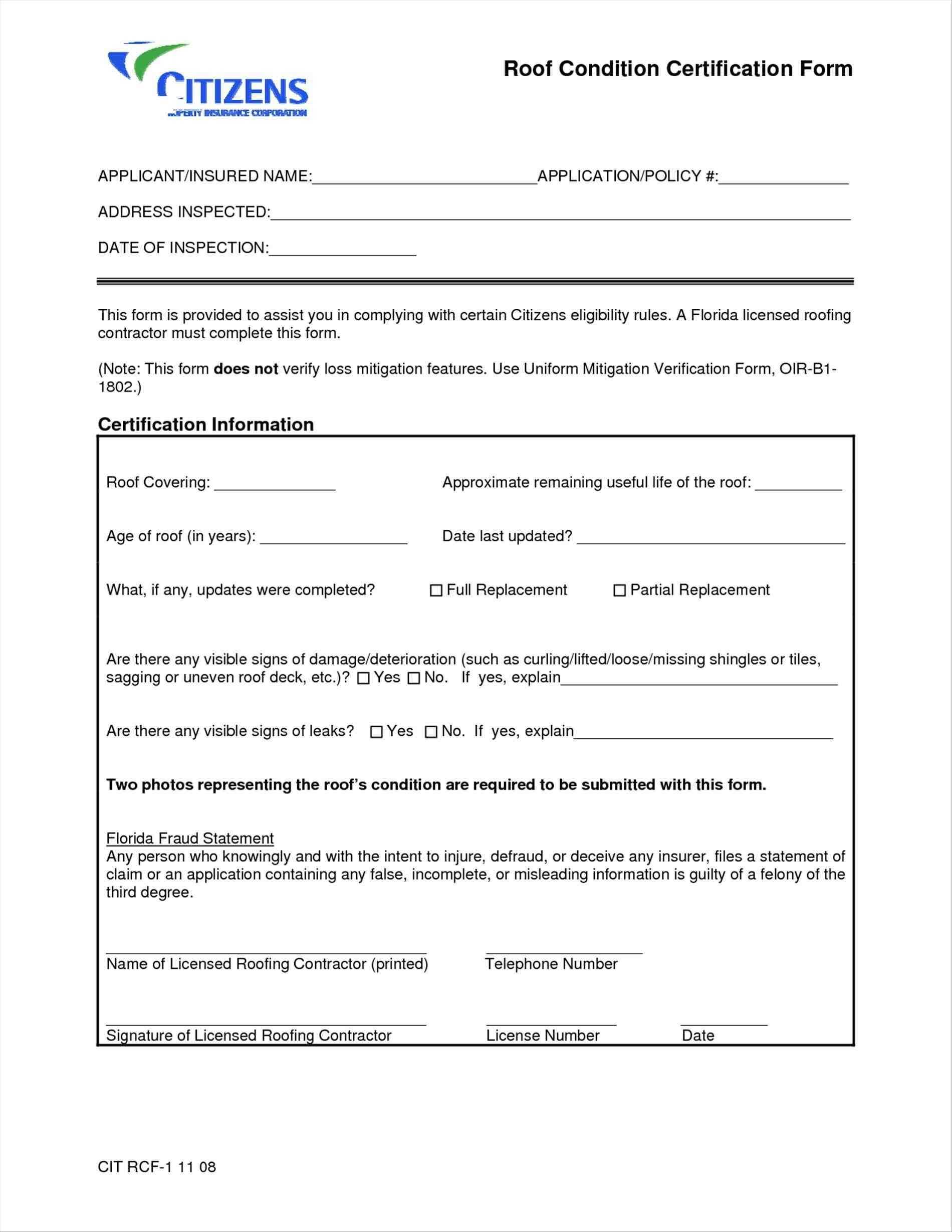 2008 Form Citizens Rcf 1 Fill Online Printable Fillable Within Roof Certification Template