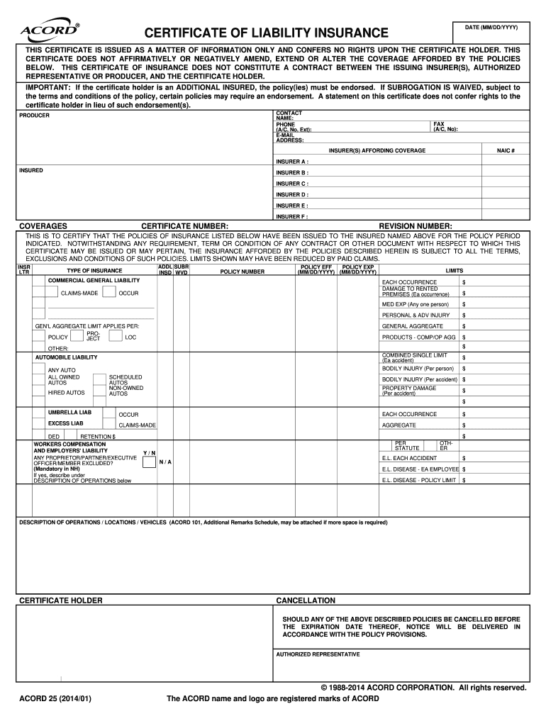 2014 2020 Form Acord 25 Fill Online, Printable, Fillable Regarding Certificate Of Insurance Template