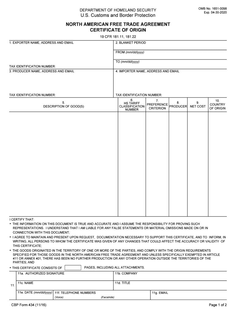 2016 2020 Form Cbp 434 Fill Online, Printable, Fillable Intended For Nafta Certificate Template