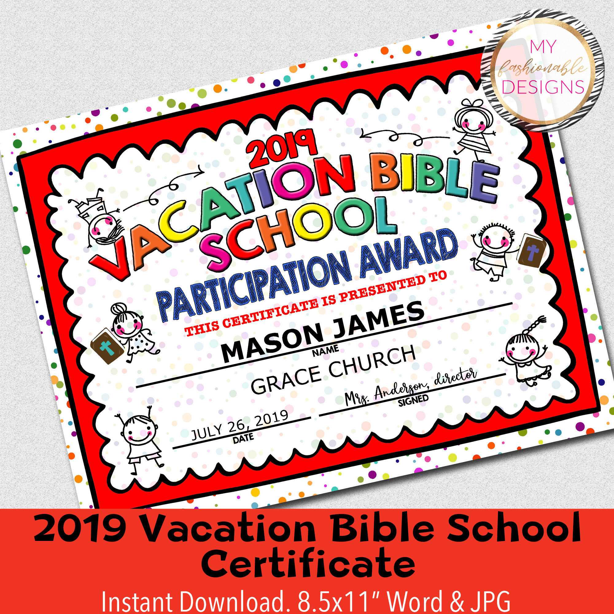 2019 Vbs Certificate, Vacation Bible School, Instant Download – 8.5X11"  Word And Jpg For Vbs Certificate Template