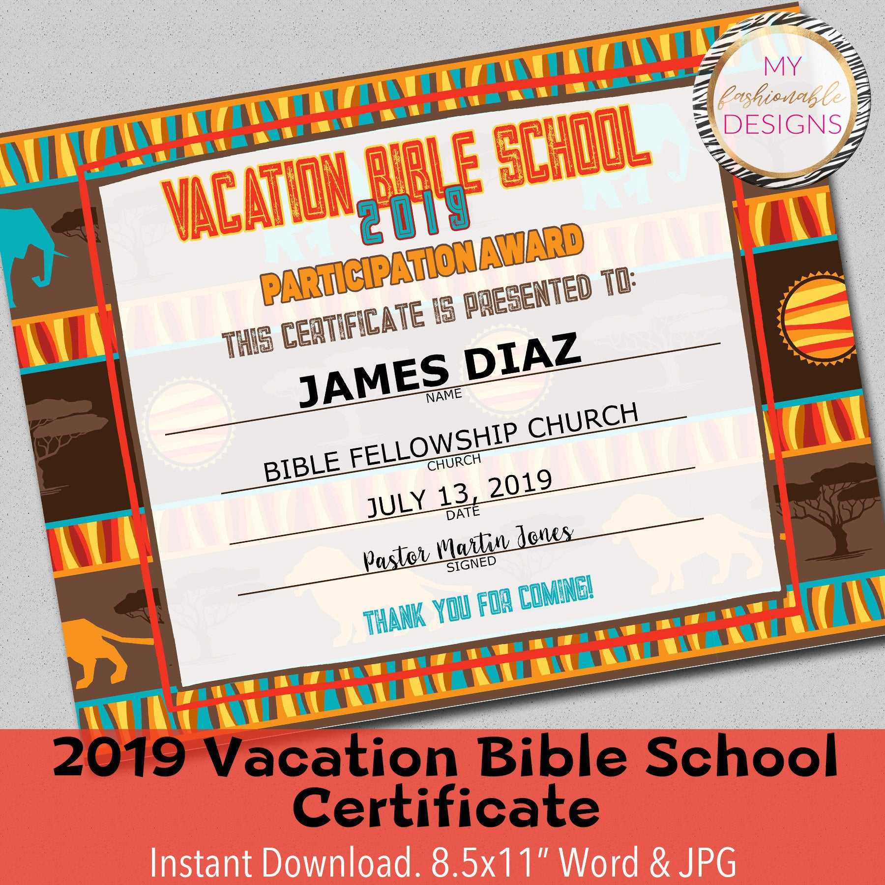 2019 Vbs Certificate, Vacation Bible School, Instant Download – 8.5X11"  Word And Jpg Throughout Free Vbs Certificate Templates