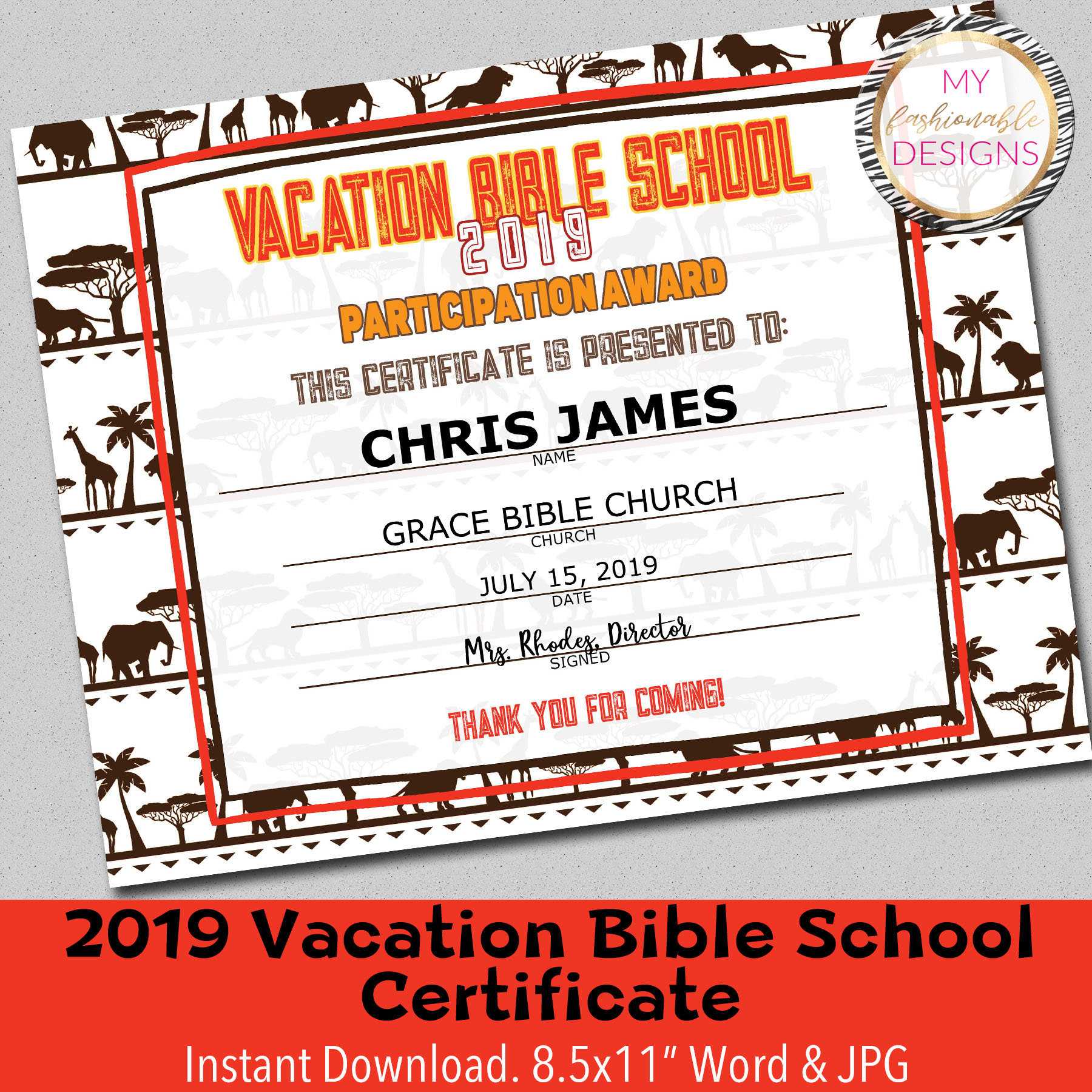 2019 Vbs Certificate, Vacation Bible School, Lion Roar Vbs, Instant  Download – 8.5X11" Word And Jpg Within Vbs Certificate Template
