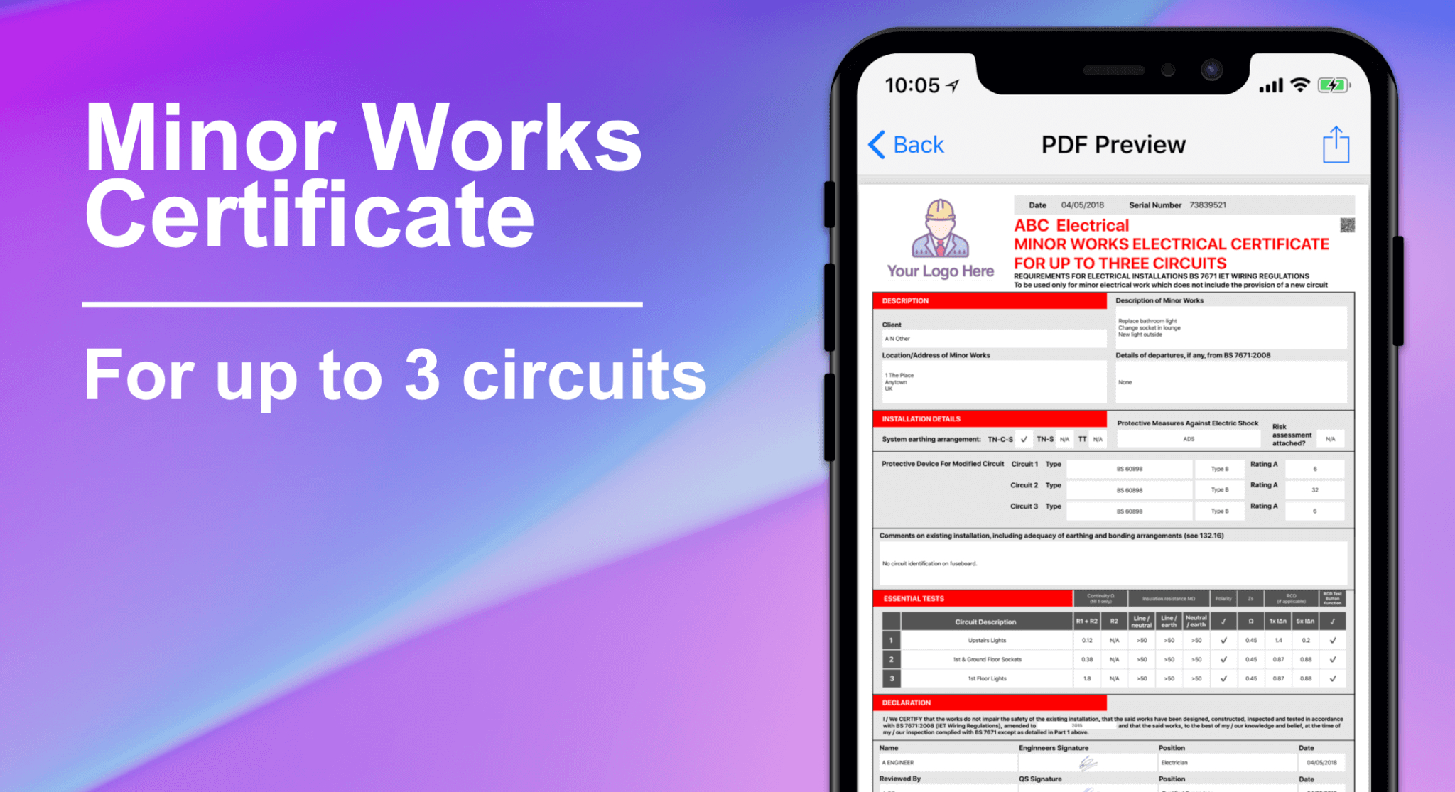3 Circuit Minor Works Electrical Certificate – Icertifi Throughout Minor Electrical Installation Works Certificate Template