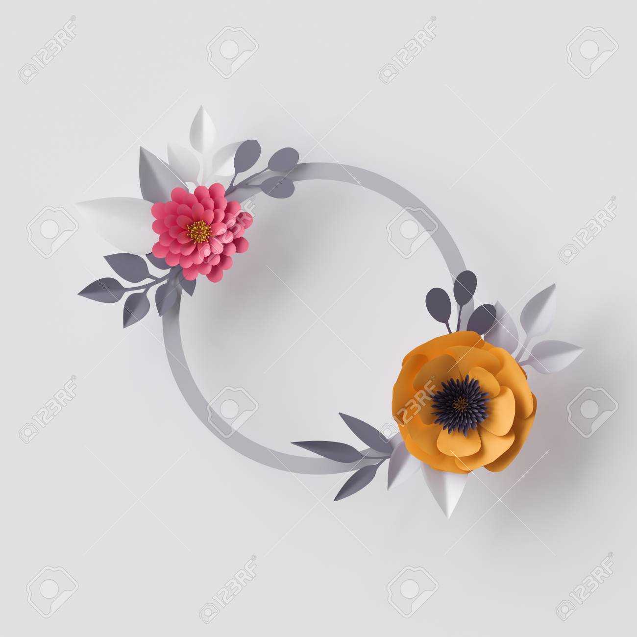 3D Render, Abstract Paper Flowers, Floral Background, Blank Round Frame,  Greeting Card Template With Regard To Headband Card Template