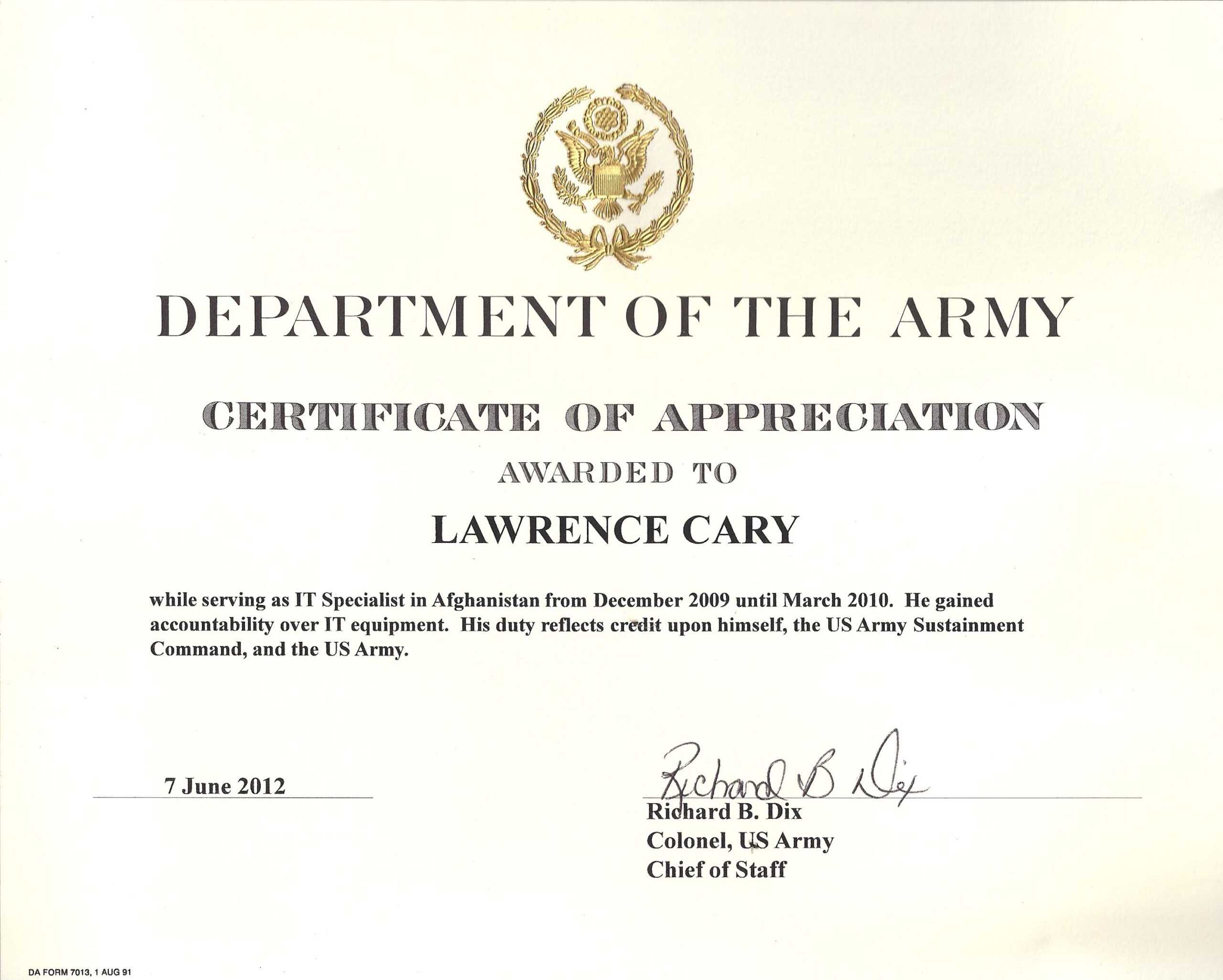 6+ Army Appreciation Certificate Templates – Pdf, Docx Regarding Promotion Certificate Template