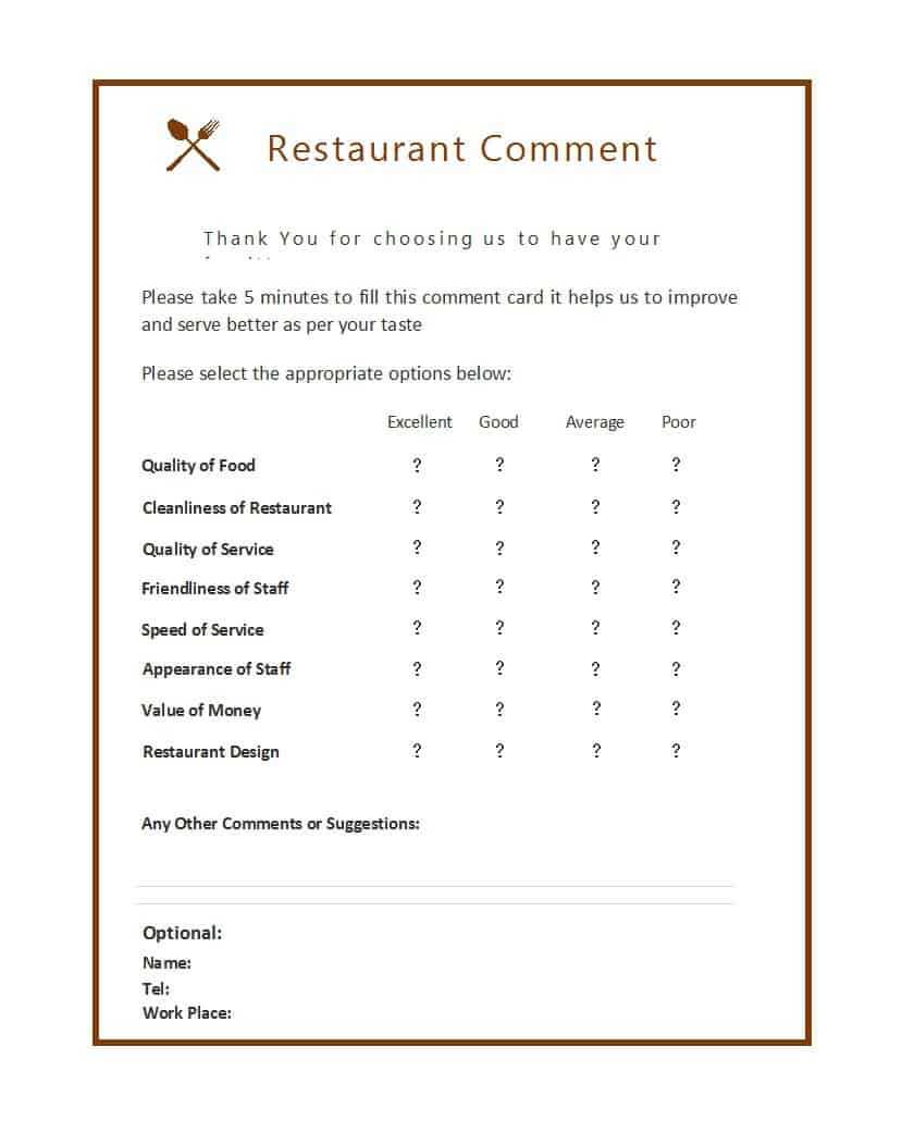 9 Restaurant Comment Card Templates – Free Sample Templates In Survey Card Template