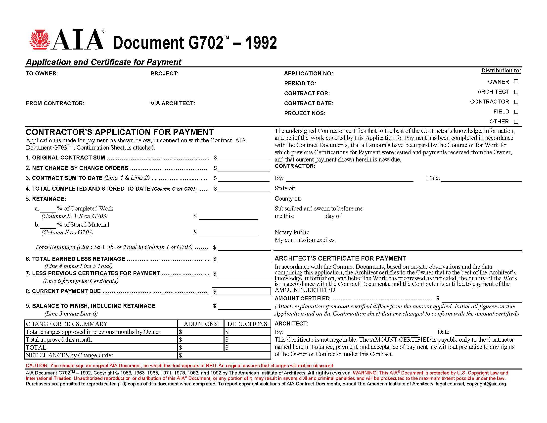 Aia Forms G702 & G703 Application, Certificate, And Continuation Regarding Construction Payment Certificate Template