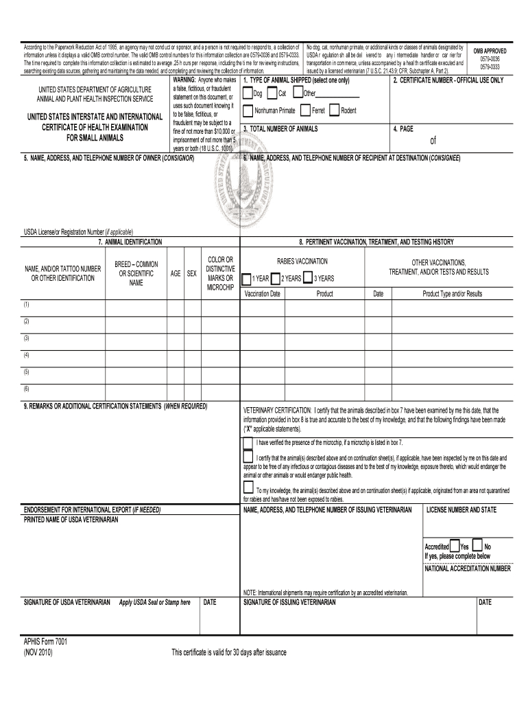 Aphis Form 7001 – Fill Online, Printable, Fillable, Blank Inside Veterinary Health Certificate Template