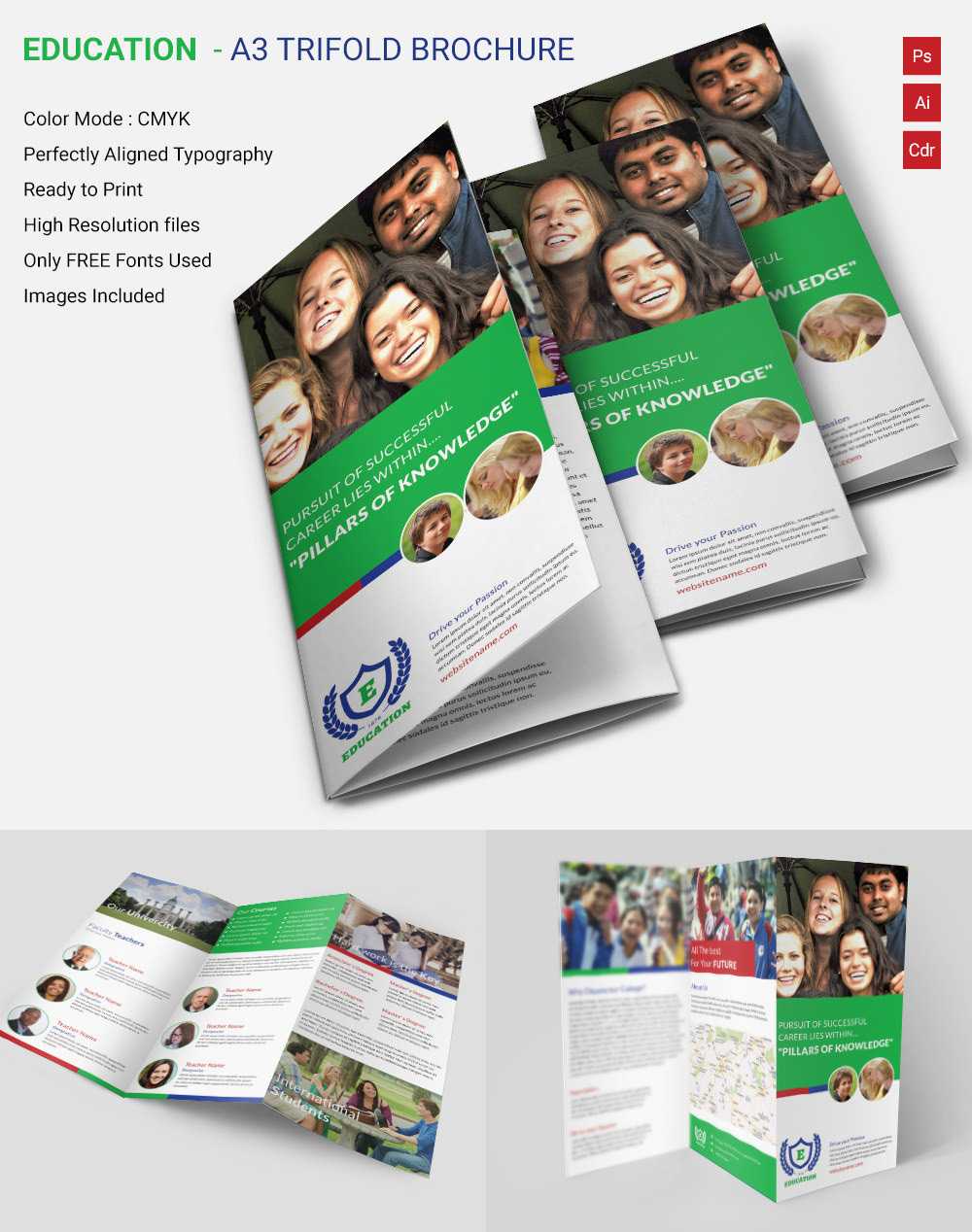 Attractive Education A3 Tri Fold Brochure Template | Free Pertaining To Tri Fold Brochure Template Indesign Free Download