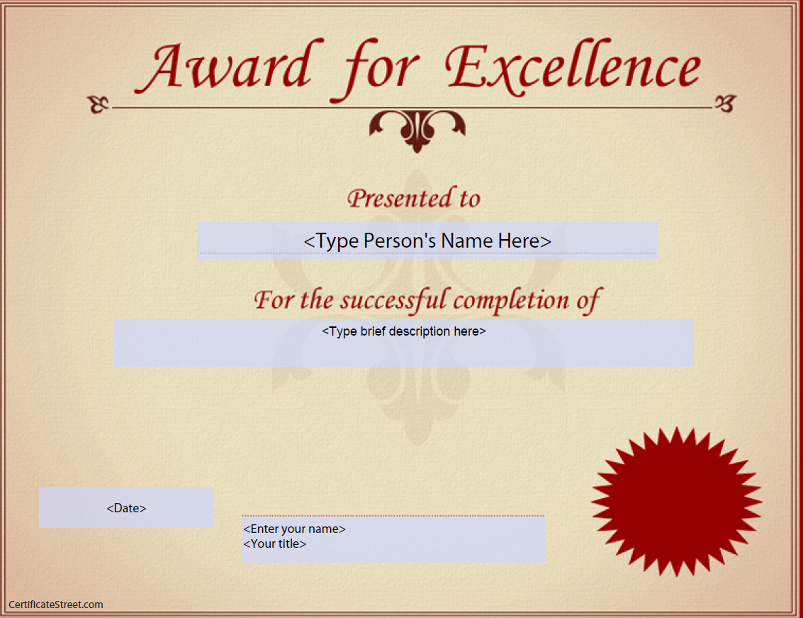 Award For Excellence Certificate | Templates At With Award Of Excellence Certificate Template