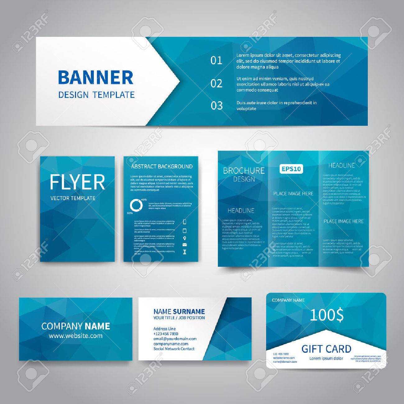 Banner, Flyers, Brochure, Business Cards, Gift Card Design Templates Set  With Geometric Triangular Blue Background. Corporate Identity Set, Regarding Advertising Cards Templates