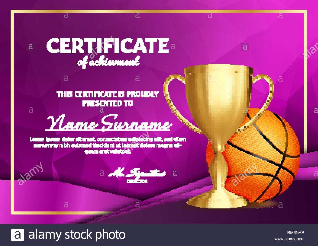 Basketball Certificate Diploma With Golden Cup Vector. Sport For Basketball Certificate Template