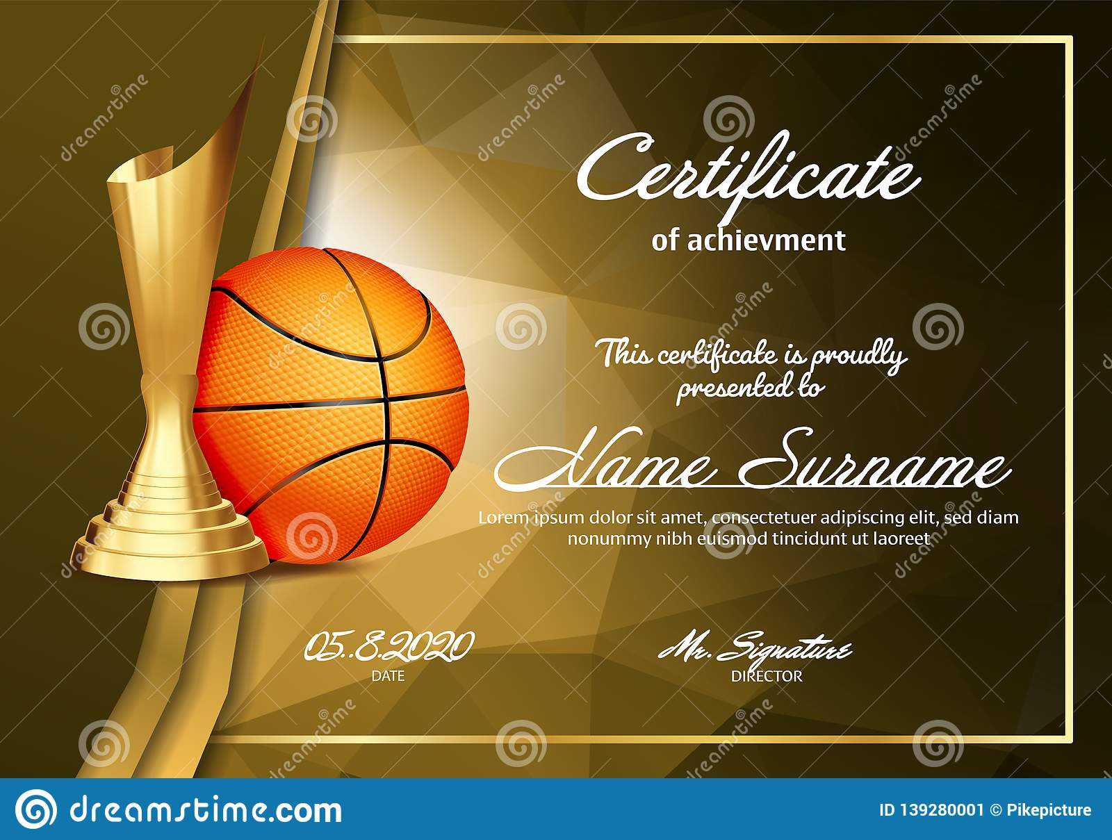 Basketball Certificate Diploma With Golden Cup Vector Sport Regarding