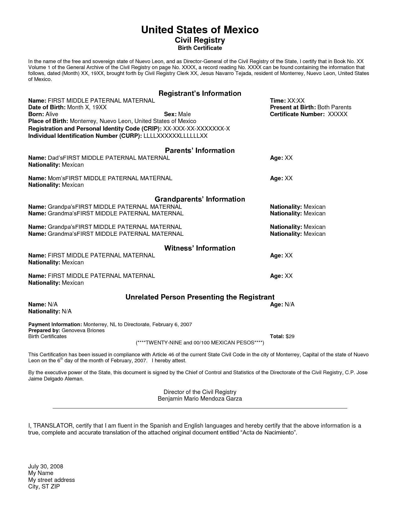 Mexican Marriage Certificate Translation Template - Sample ...