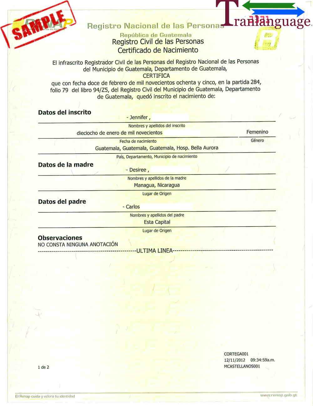 Birth Certificate Guatemala Throughout Marriage Certificate Translation From Spanish To English Template