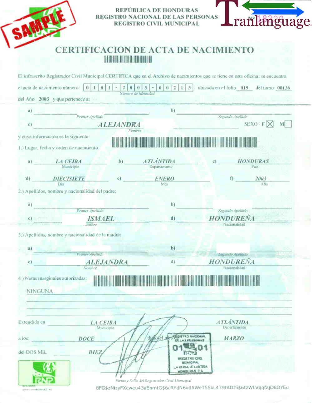 Birth Certificate Honduras With Spanish To English Birth Certificate Translation Template