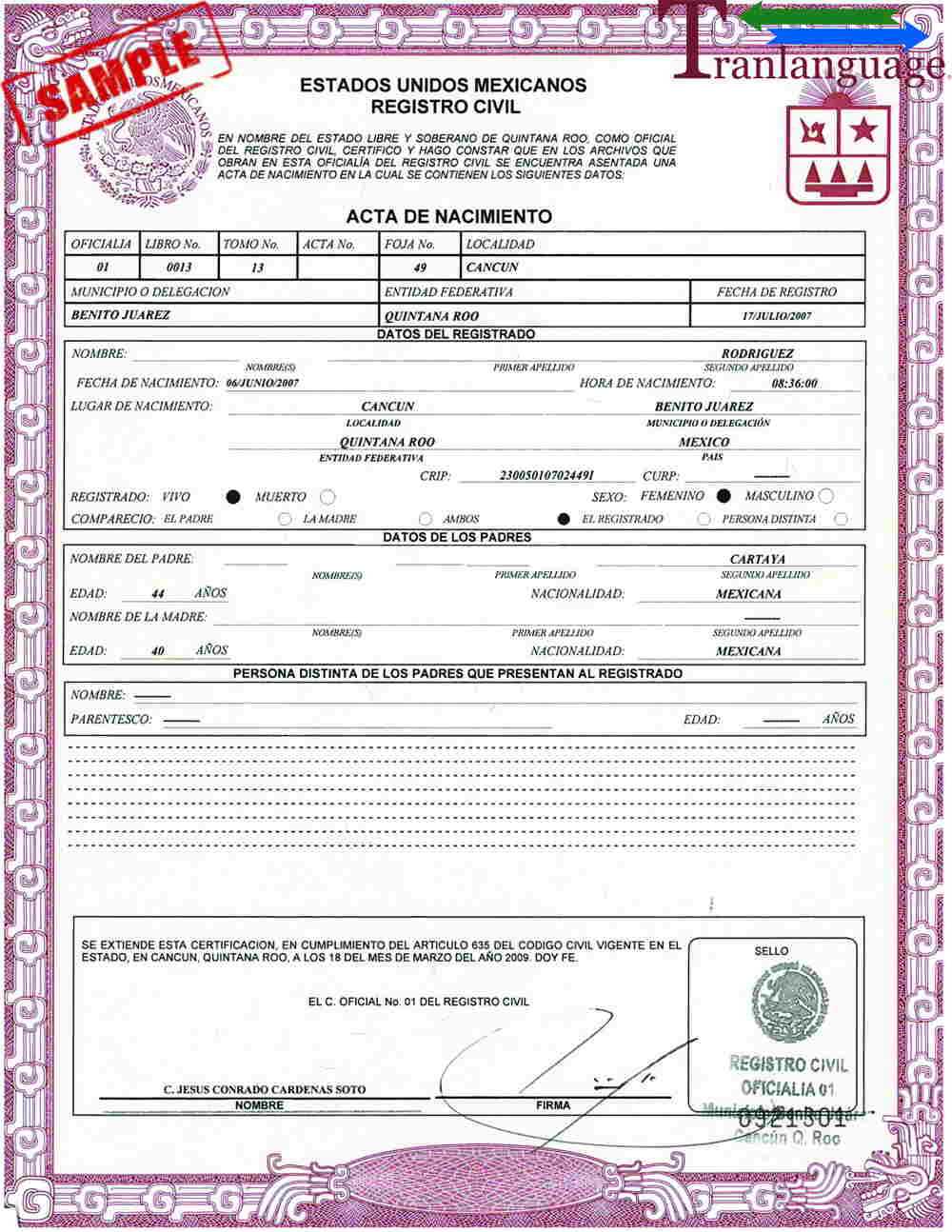 Birth Certificate Mexico With Mexican Marriage Certificate Translation