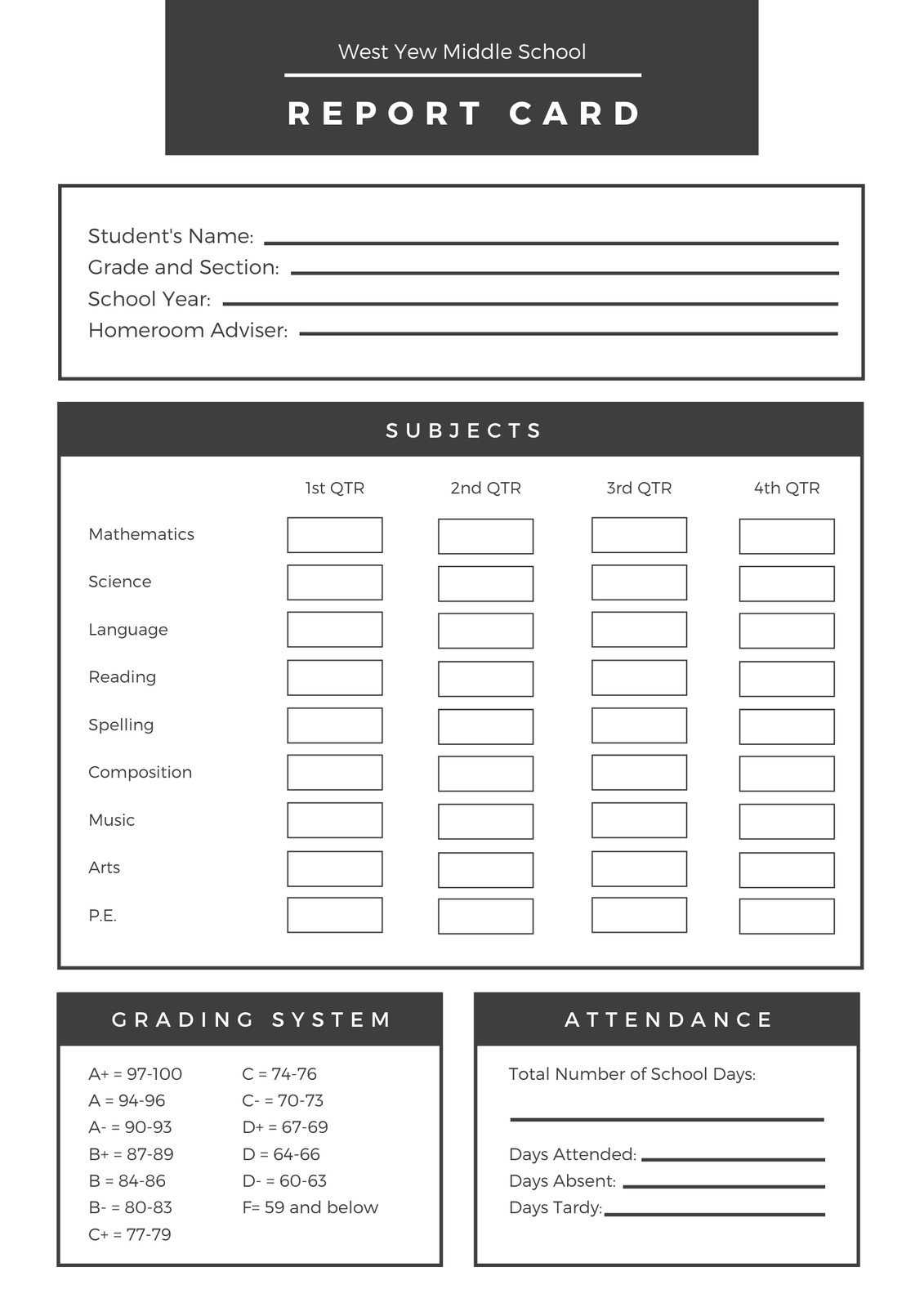 Black White Middle School Report Card - Templatescanva For Middle School Report Card Template