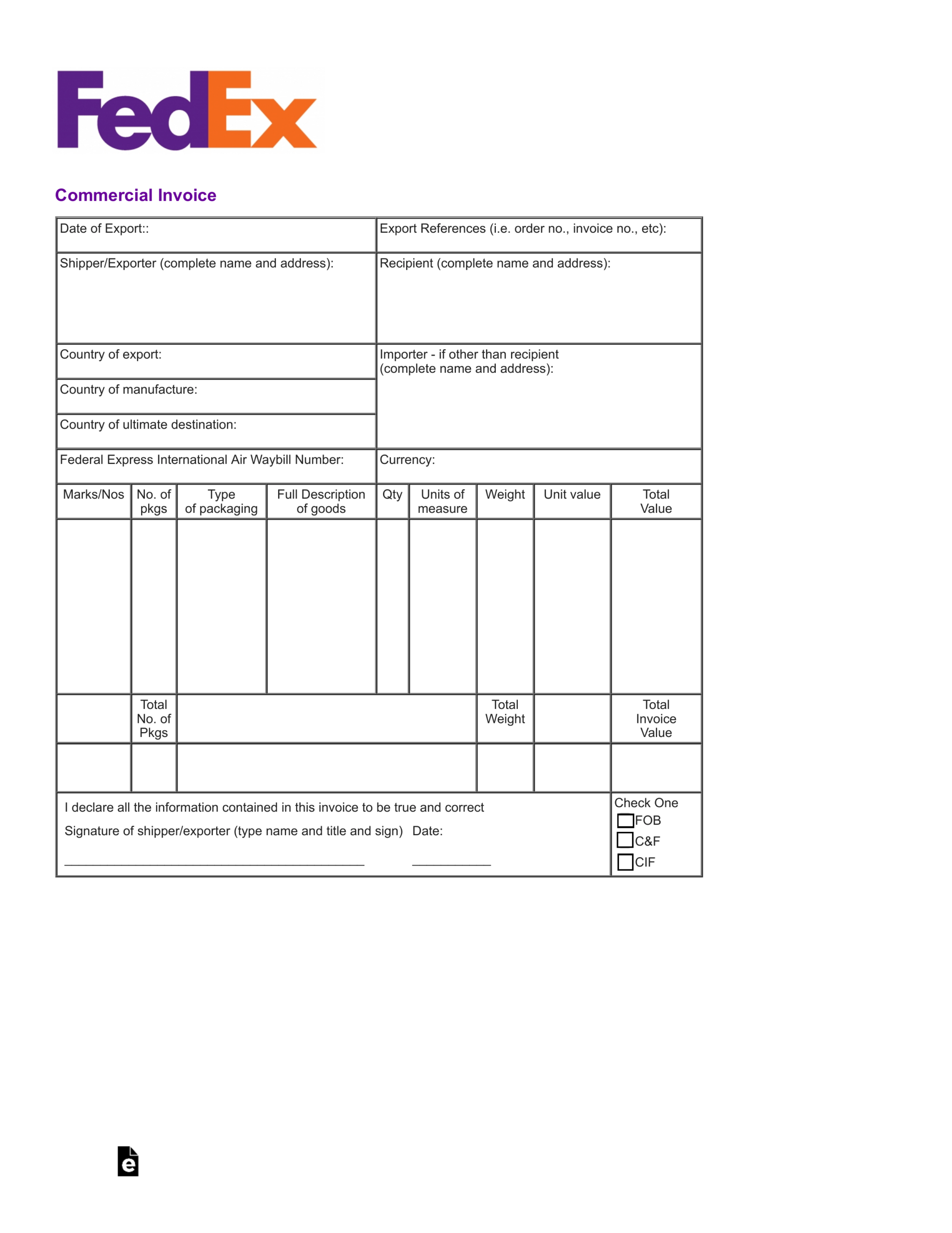 Blank Commercial Invoice Form – Falep.midnightpig.co Regarding Fedex Brochure Template
