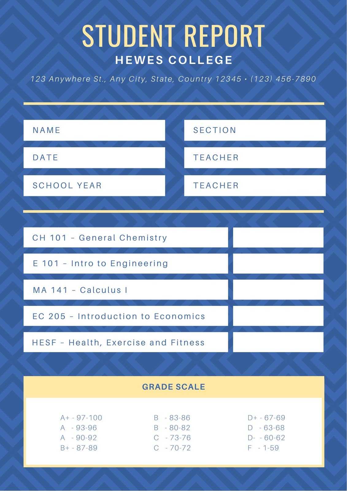 Blue Diamond Pattern College Report Card – Templatescanva With College Report Card Template