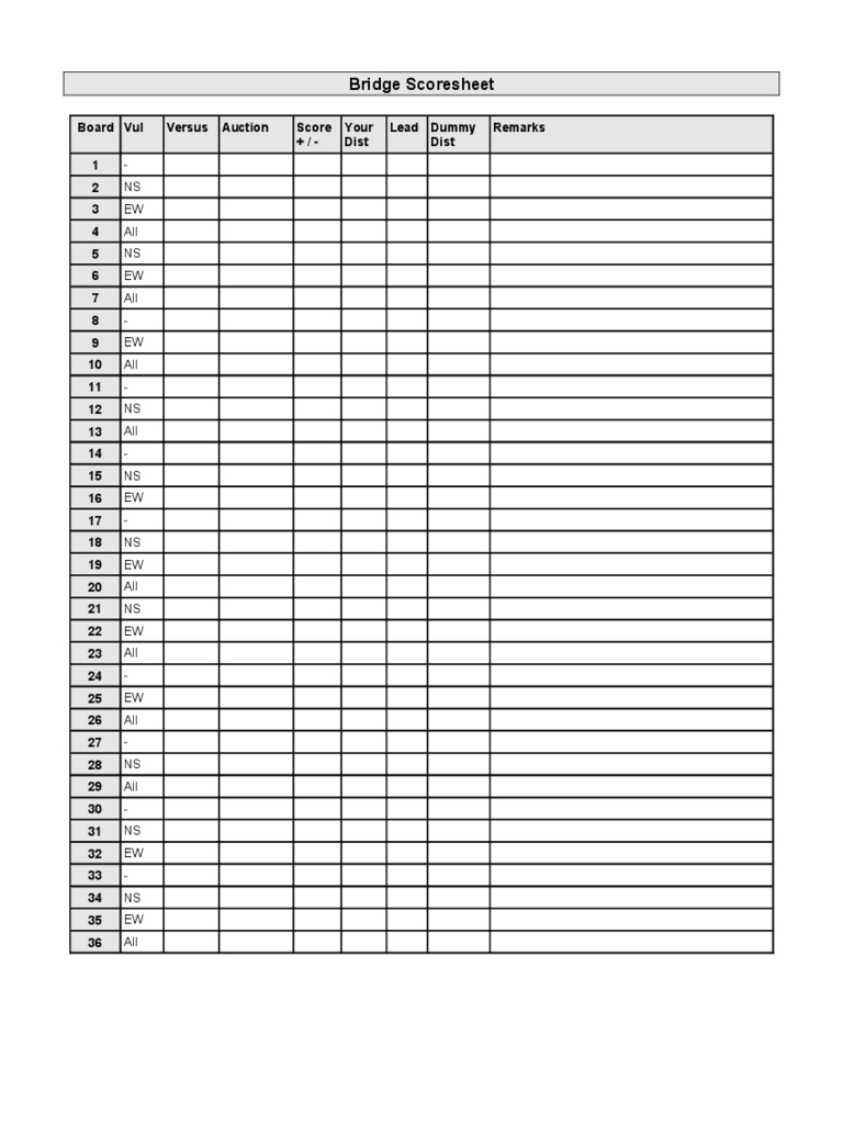 Bridge Score Sheet - 6 Free Templates In Pdf, Word, Excel Throughout Bridge Score Card Template