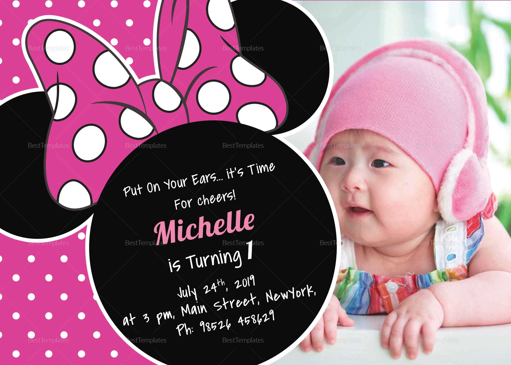 Bright Minnie Mouse Birthday Invitation Card Template For Minnie Mouse Card Templates