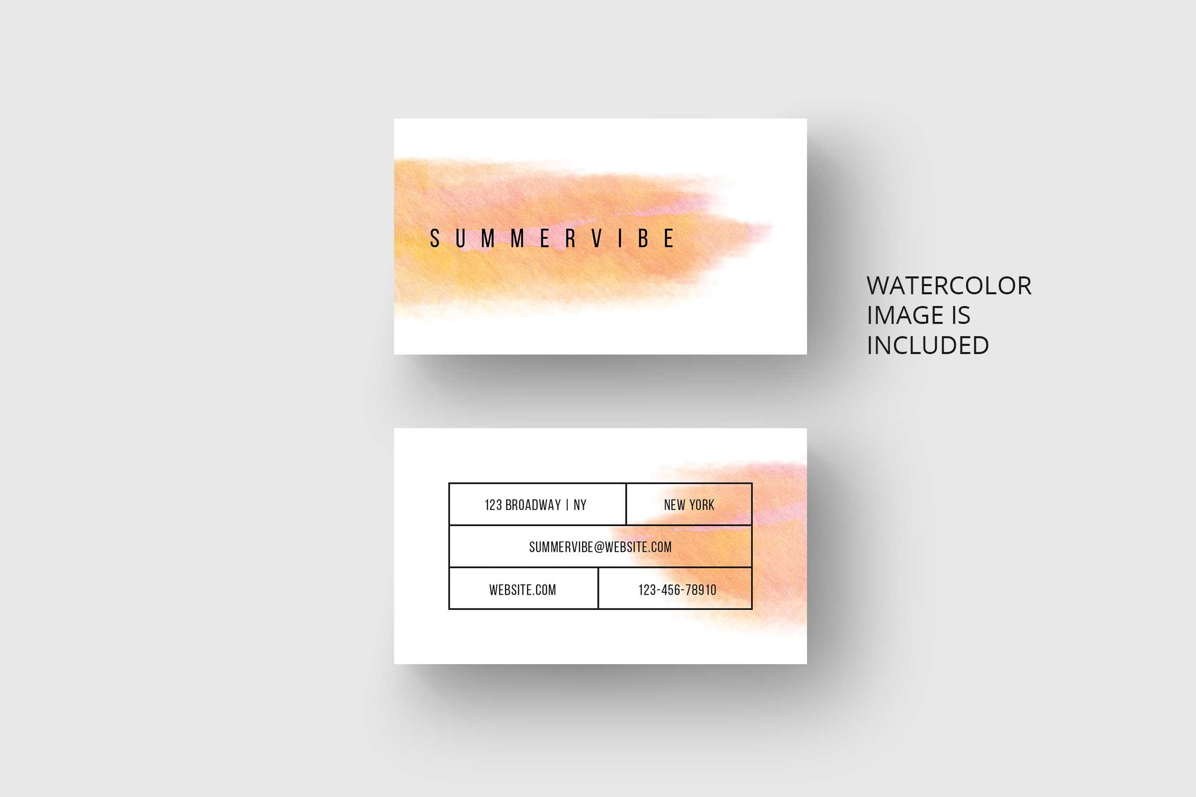 Business Card Template With Orange Watercolor * Eu & Us Size * Photoshop For Business Card Size Template Psd