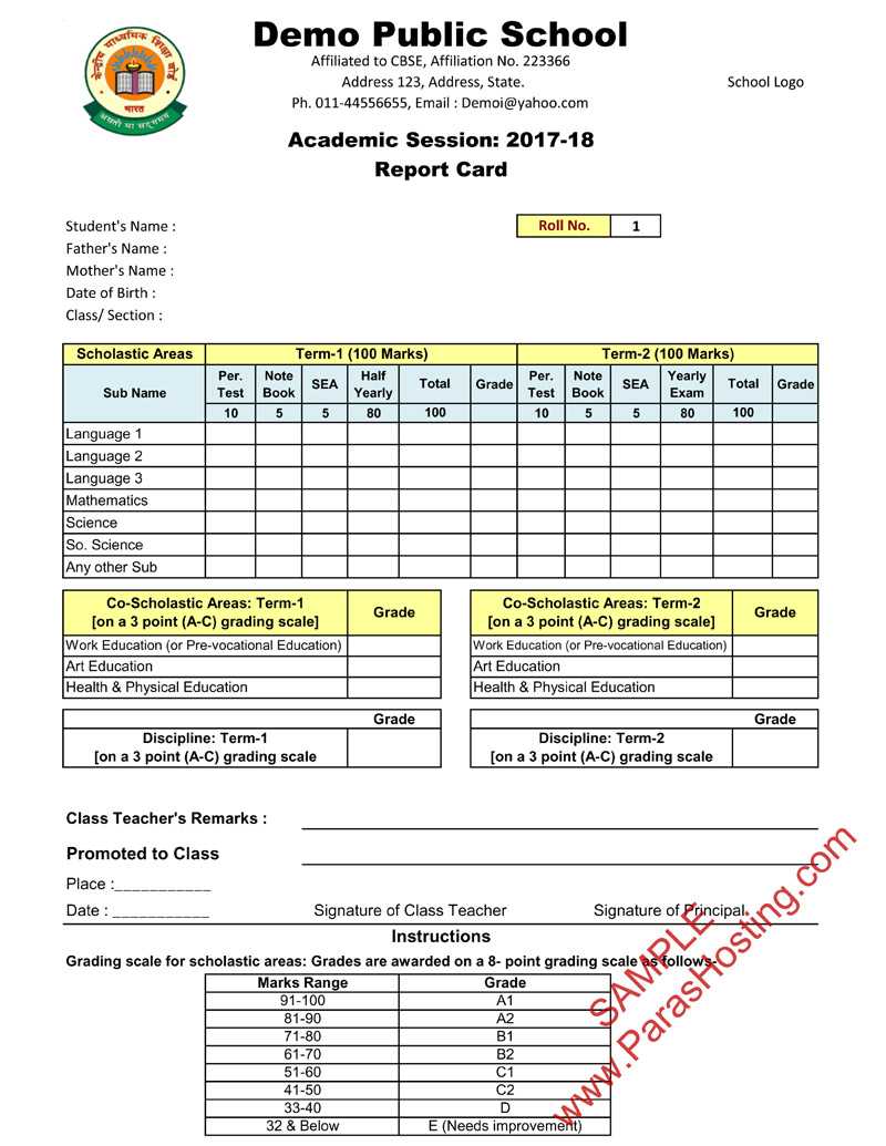 Cbse Report Card Format For Primary Classes  I To V Pertaining To High School Student Report Card Template