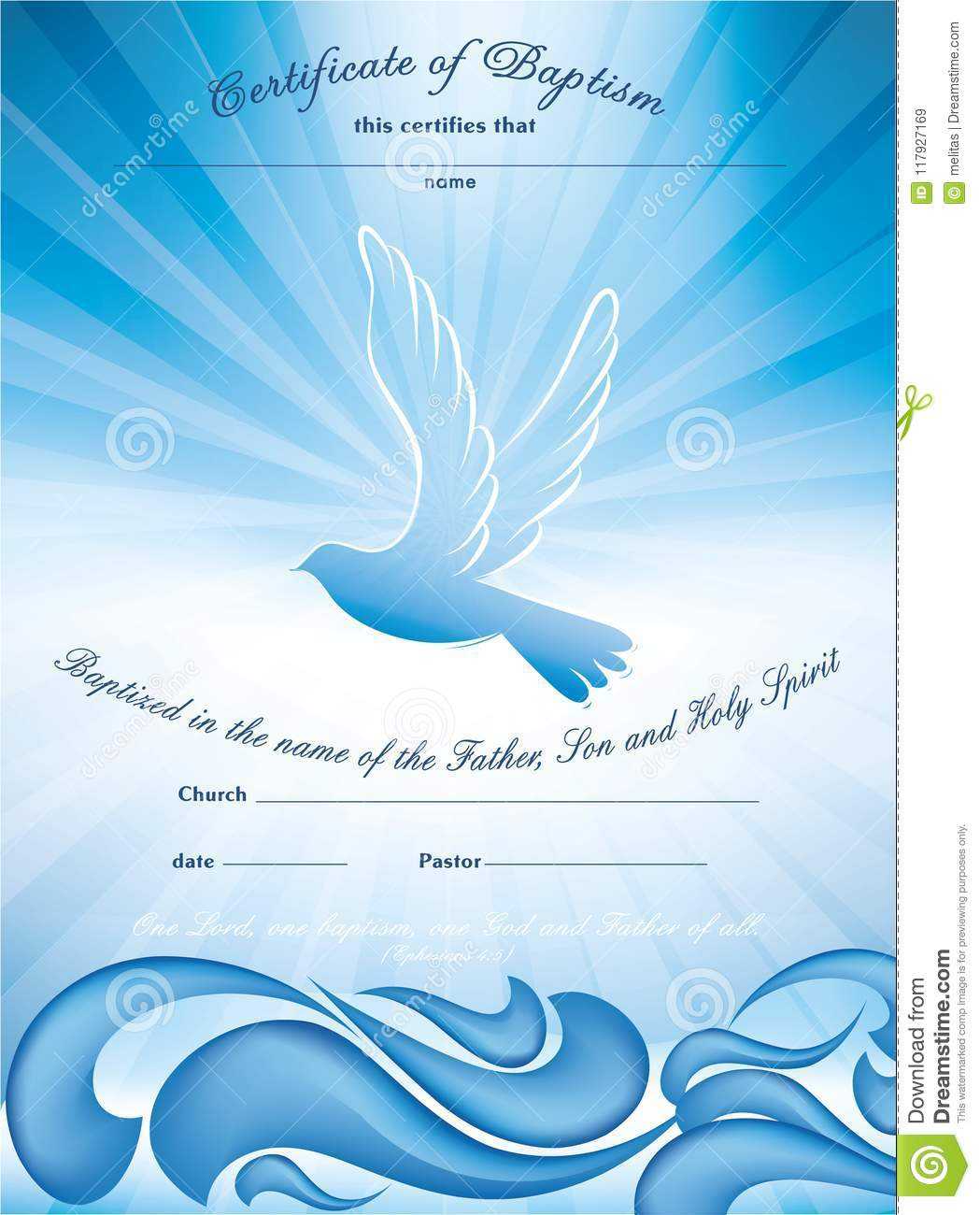 Certificate Baptism Template. With Waves Of Water And Dove Throughout Christian Baptism Certificate Template