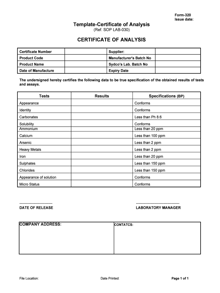 Certificate Of Analysis Template - Fill Online, Printable Intended For Certificate Of Analysis Template