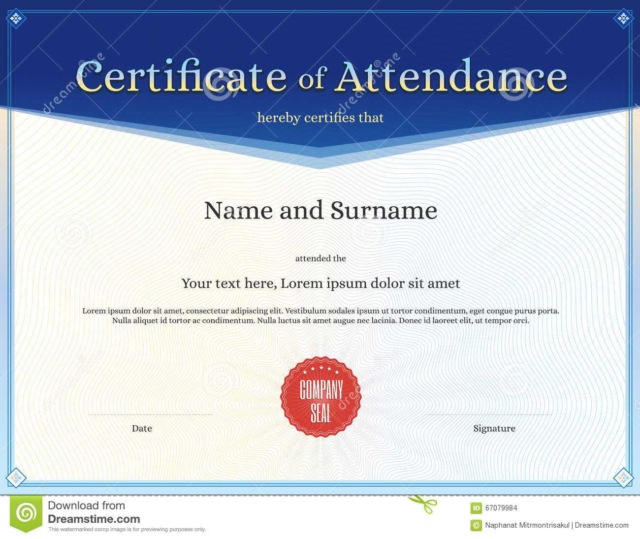 Certificate Of Attendance Template In Vector Stock Vector Inside Perfect Attendance Certificate Free Template