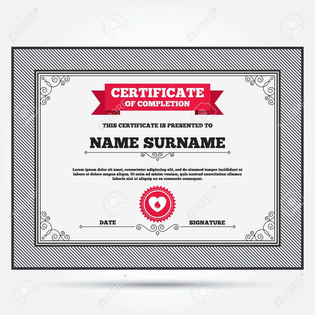 Certificate Of Completion. Blood Donation Sign Icon. Medical.. Throughout Donation Certificate Template