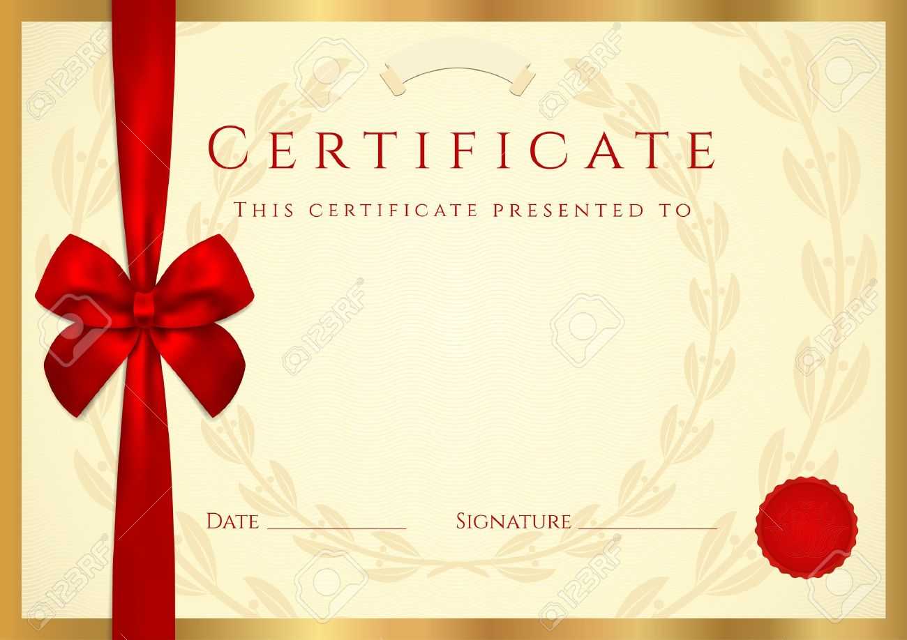 Certificate Of Completion (Template) With Wax Seal, Border And Red Bow  (Ribbon). Golden Background Design Usable For Diploma, Invitation, Gift Intended For Award Certificate Border Template