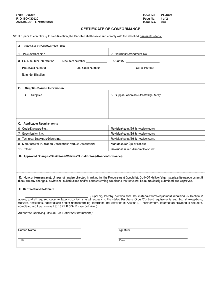 Certificate Of Conformance Template – Fill Online, Printable With Certificate Of Manufacture Template