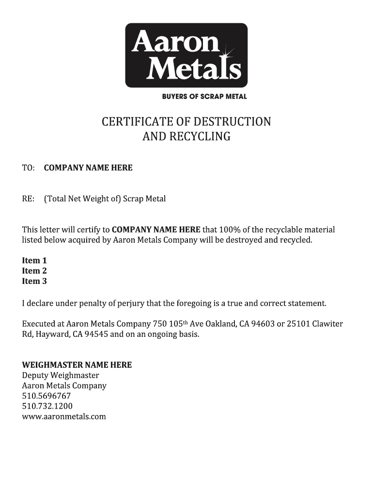 Certificate Of Destruction Template – Fill Online, Printable For Certificate Of Disposal Template