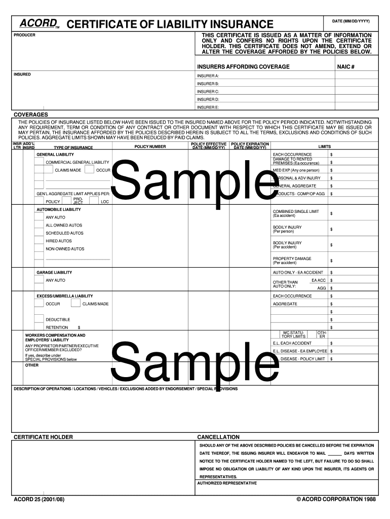 Certificate Of Insurance Template – Fill Online, Printable Inside Certificate Of Liability Insurance Template