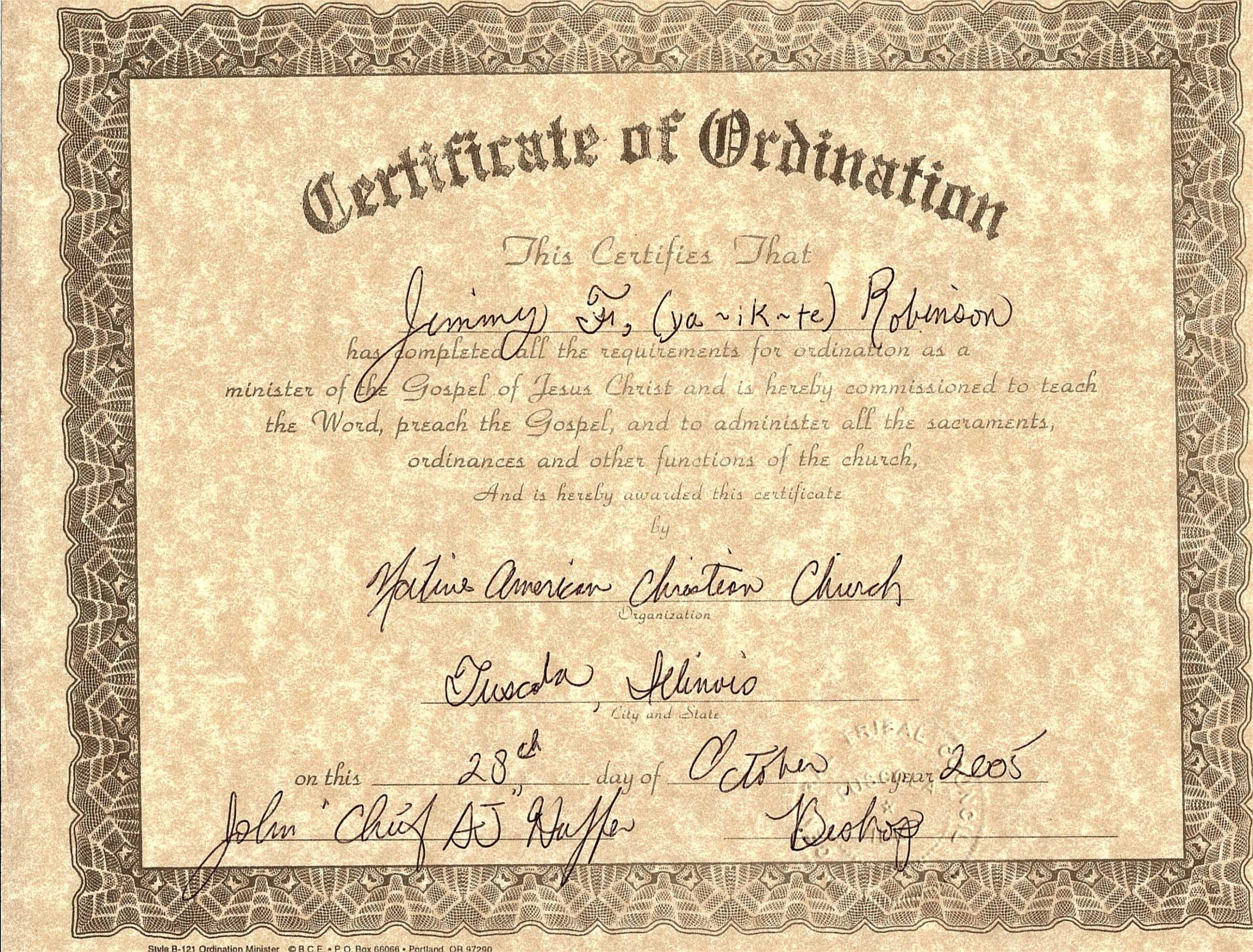 Certificate Of Ordination For Deaconess Example For Ordination Certificate Template