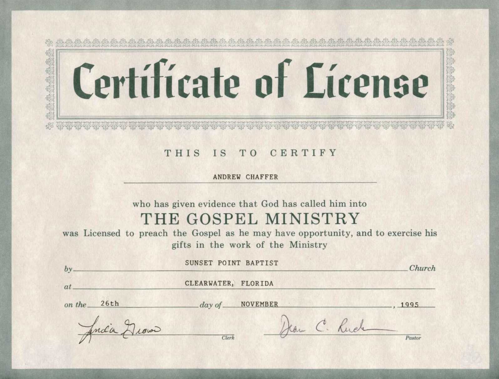 Certificate Of Ordination For Pastor Template In Certificate Of License Template