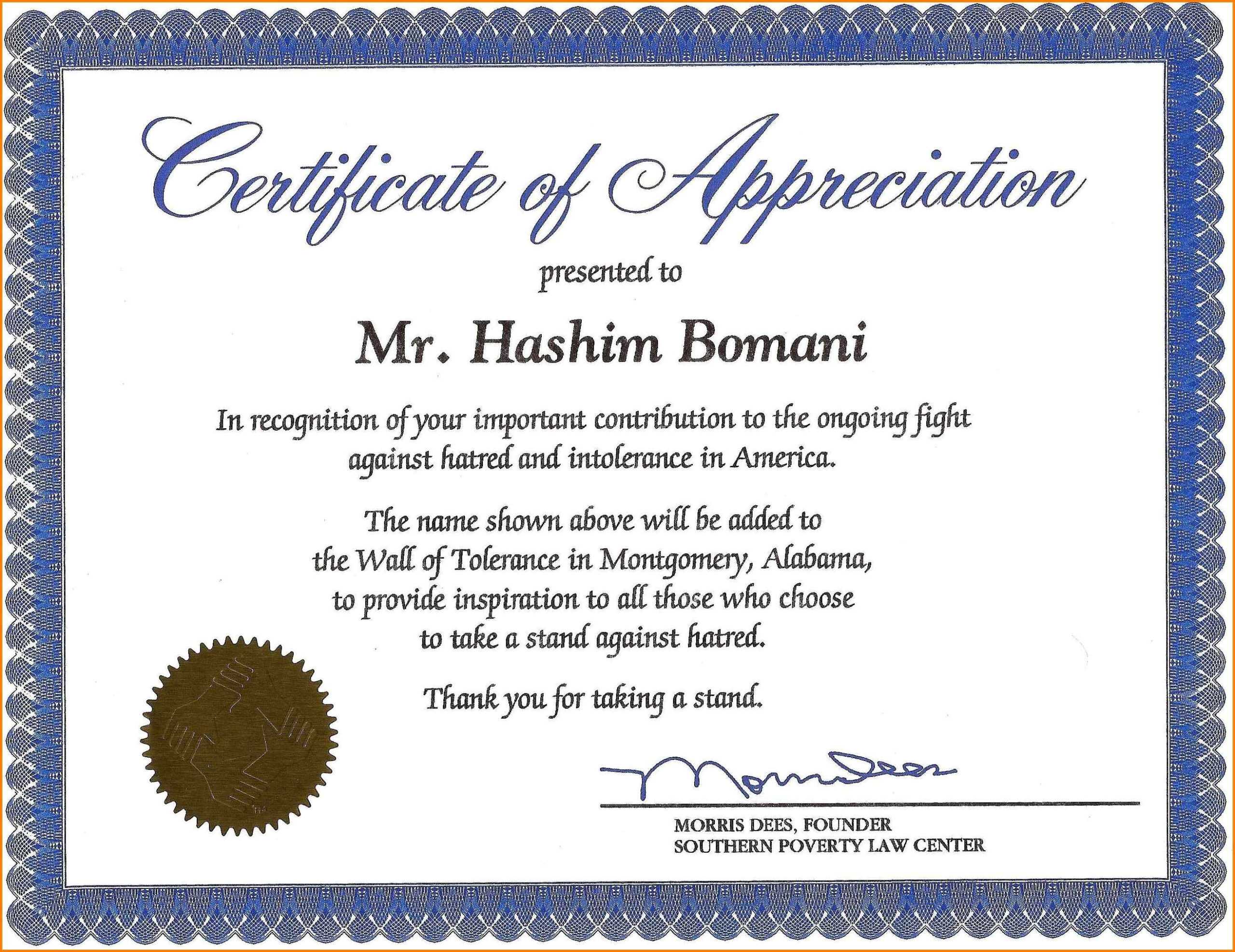 Certificate Of Recognition Wording Copy Certificate With Regard To Volunteer Certificate Templates
