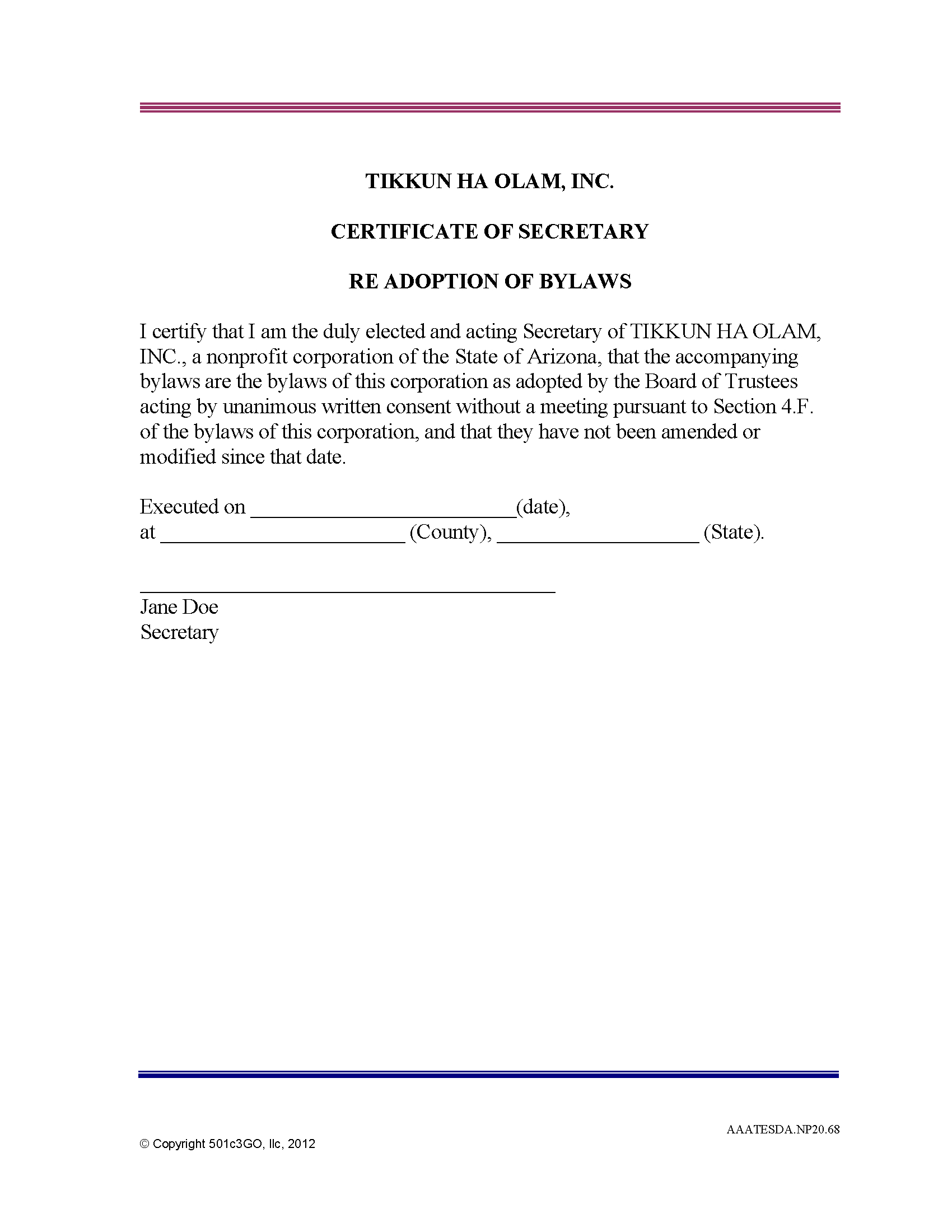 Certificate Of Secretary Re Adoption Of Bylaws | 501C3Go Inside Corporate Secretary Certificate Template