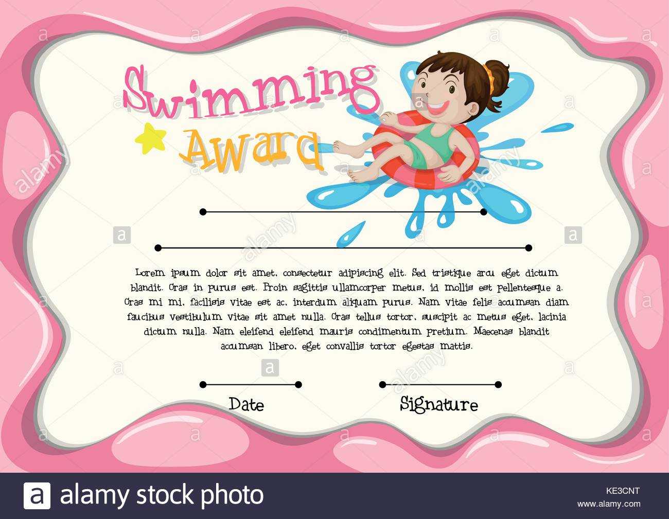 Certificate Template With Girl Swimming Illustration Stock Inside Swimming Award Certificate Template