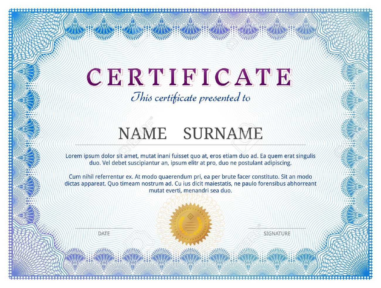 Certificate Template With Guilloche Elements. Blue Diploma Border.. With Validation Certificate Template