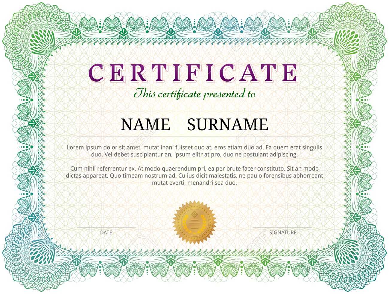 Certificate Template With Guilloche Elements. Green Diploma Border.. Intended For Validation Certificate Template