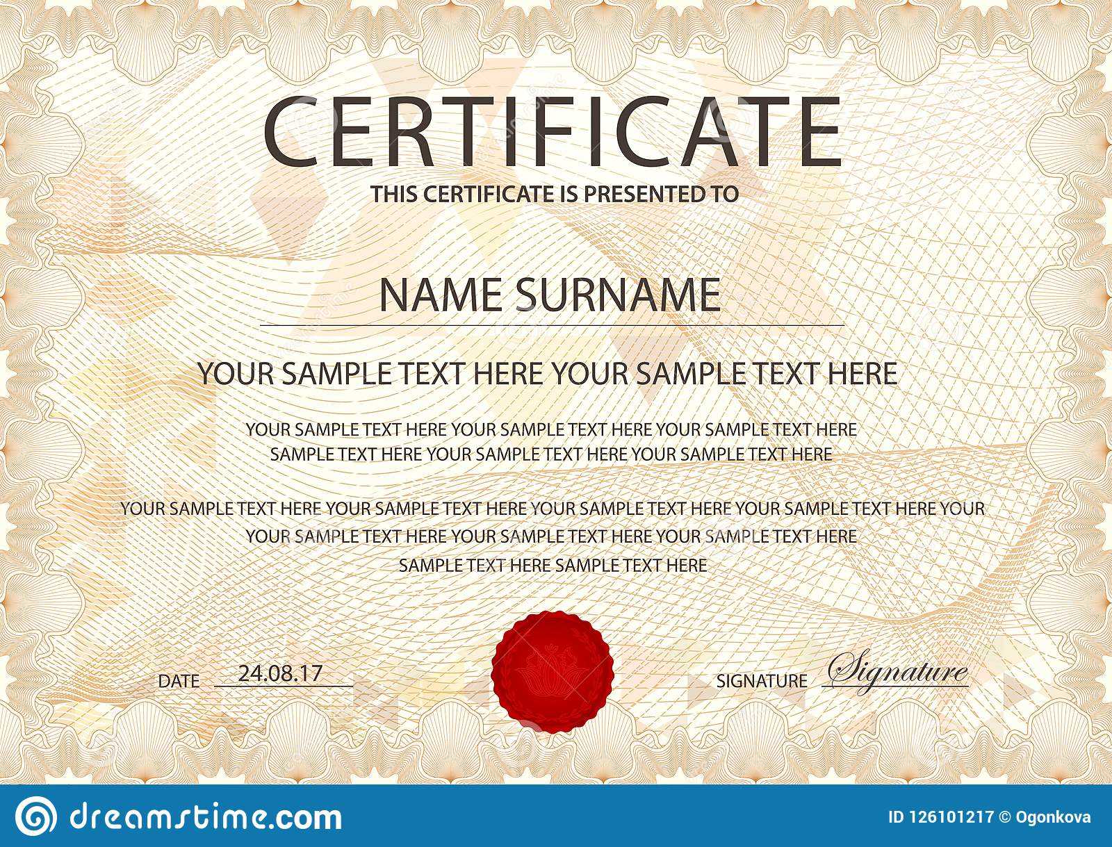 Certificate Template With Guilloche Pattern, Frame Border With Award Of Excellence Certificate Template