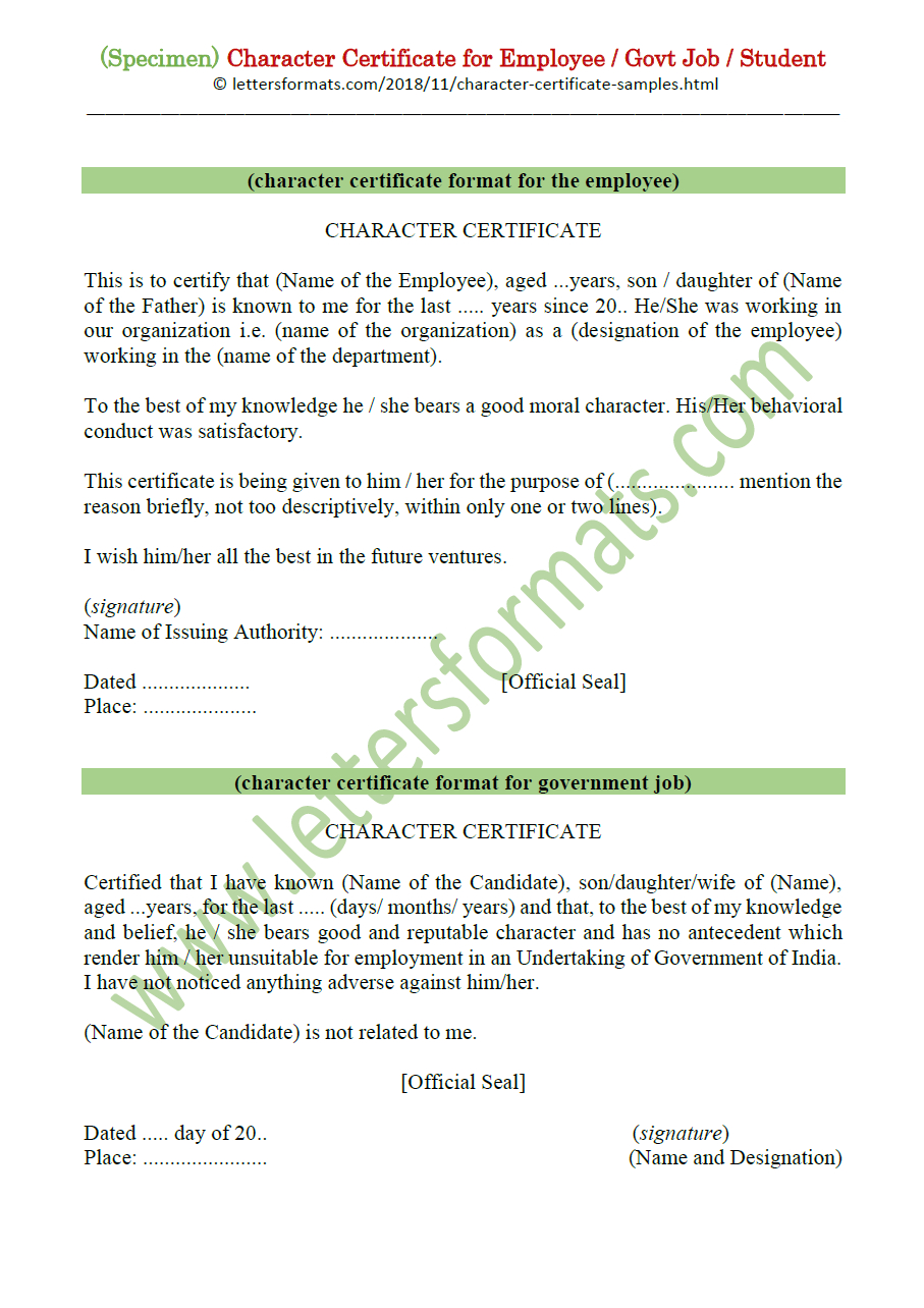 Character Certificate For Employee / Govt Job / Student (Sample) Regarding Good Conduct Certificate Template