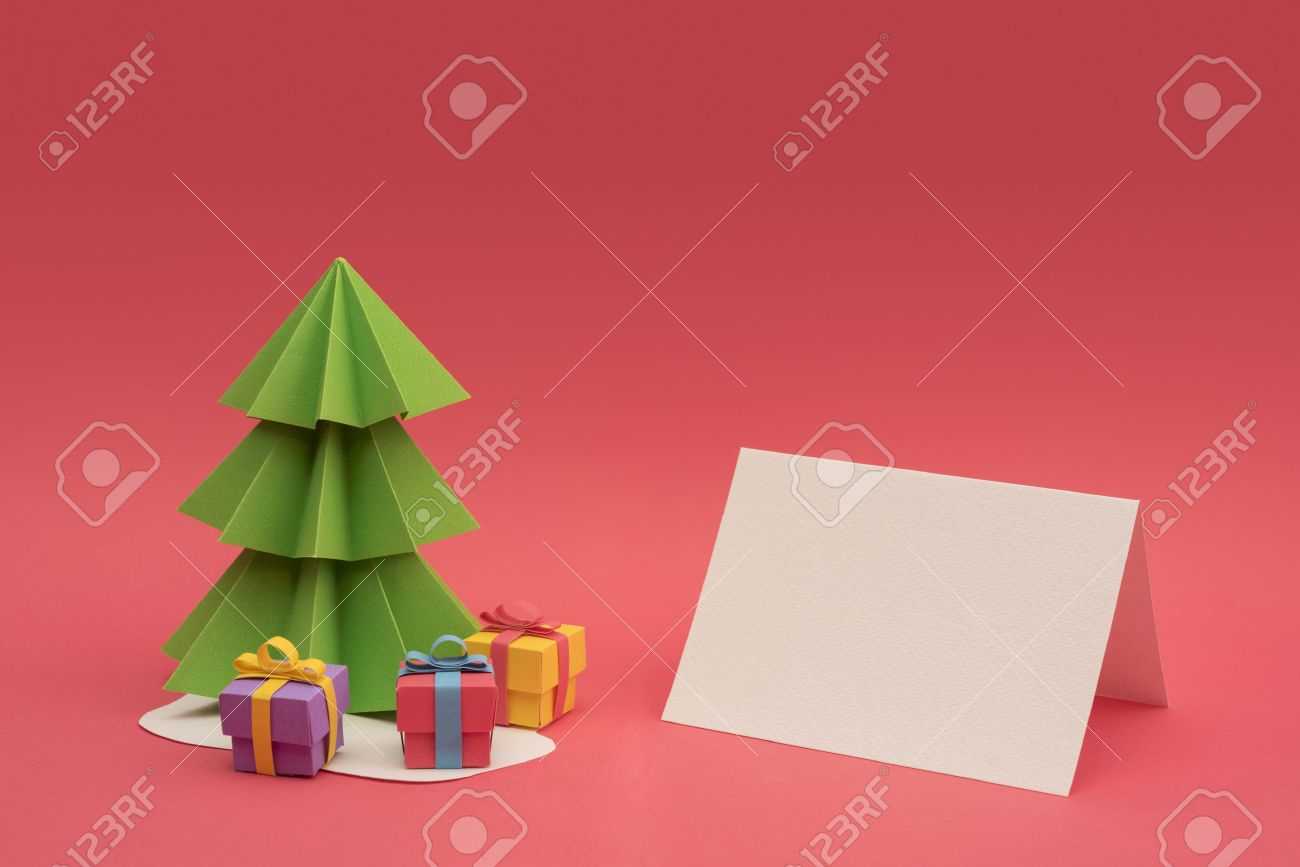 Christmas Season Paper Cut Design: 3D Handmade Xmas Pine Tree, Gift Boxes  And Empty Greeting Card Template With Clipping Path. Ideal For Holiday Inside 3D Christmas Tree Card Template