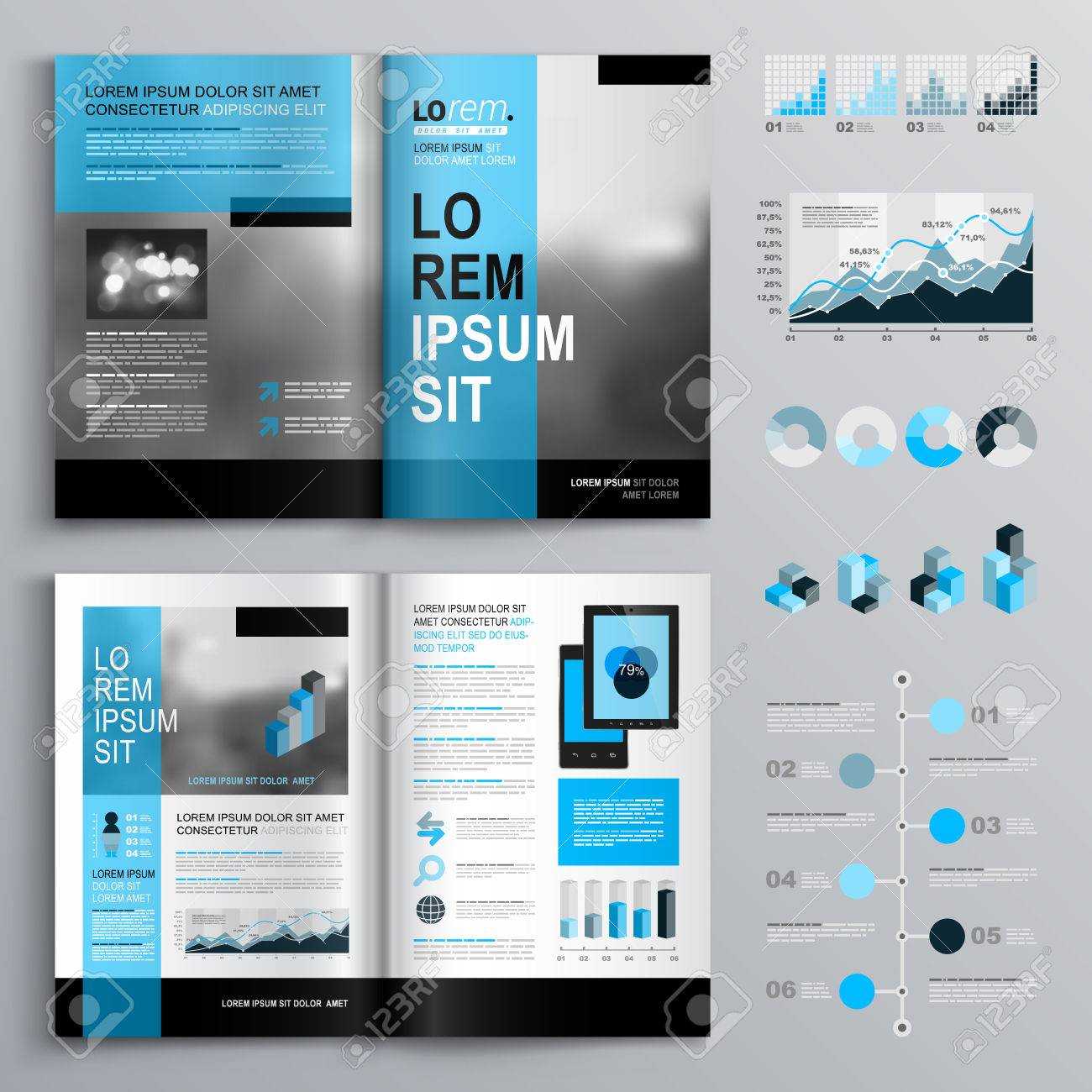 Classic Brochure Template Design With Blue Shapes. Cover Layout And  Infographics Regarding 12 Page Brochure Template